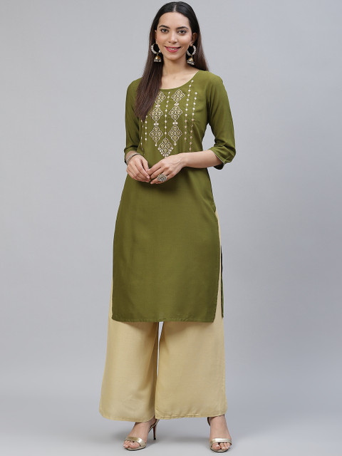 

AURELIA Women Green Thread Work Yoke Design Straight Kurta