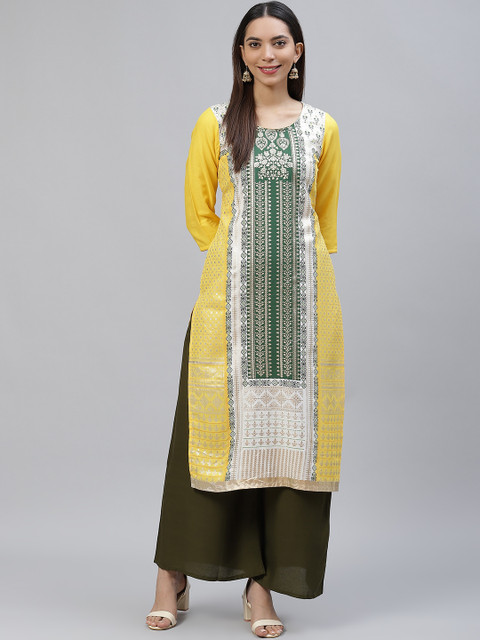 

AURELIA Women Yellow & Green Floral Printed Kurta