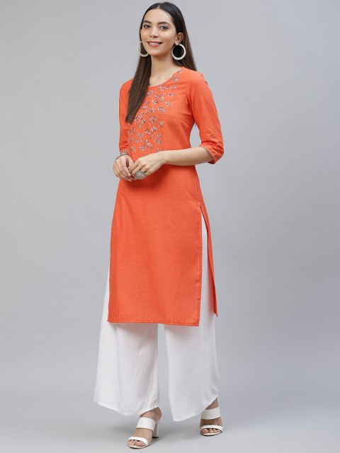 

AURELIA Women Orange Floral Yoke Design Thread Work Straight Kurta