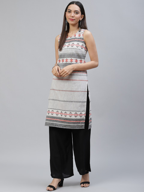 

AURELIA Women Grey Pure Cotton Geometric Printed Straight Kurta