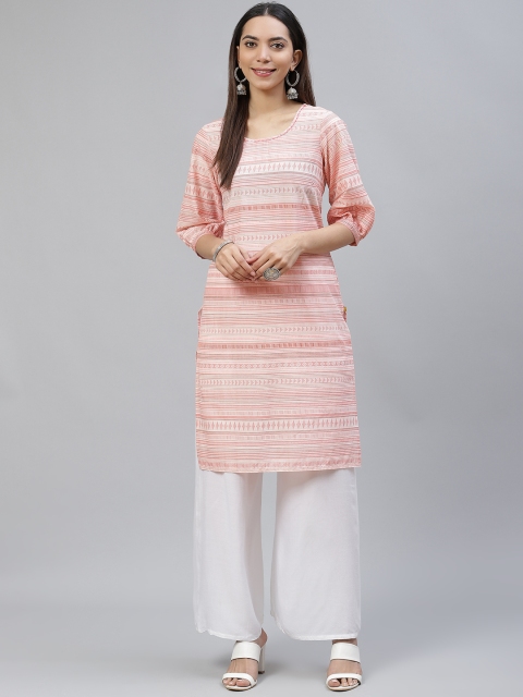 

AURELIA Women Peach-Coloured Pure Cotton Geometric Printed Sequins Straight Kurta