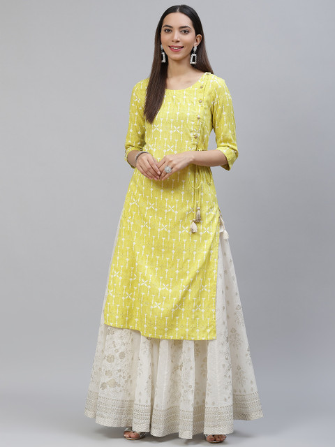 

AURELIA Women Lime Green & Blue Ethnic Motifs Printed Angrakha Kurta