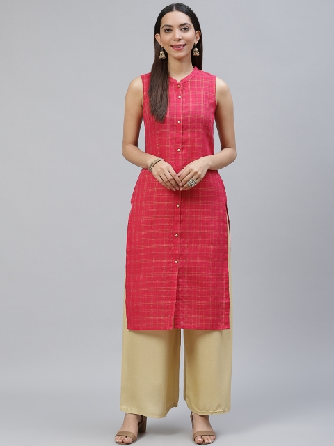

AURELIA Women Pink & Golden Checked Pure Cotton Straight Kurta