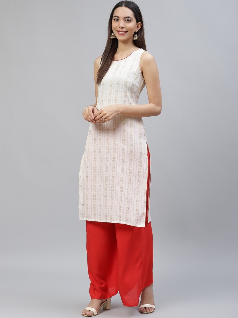 

AURELIA Women White & Golden Ethnic Motifs Straight Kurta