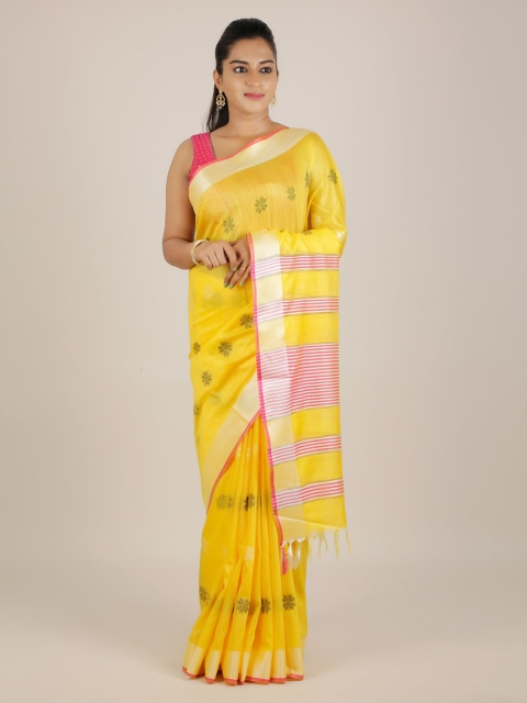

Pothys Yellow & Pink Linen Blend Floral Woven Design Saree