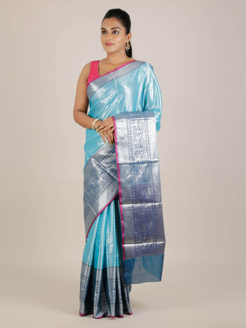 

Pothys Blue & Silver-Toned Cotton Blend Printed Saree