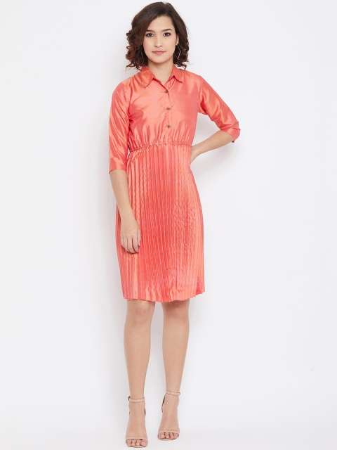 

U&F Women Coral Red Solid Shirt Dress