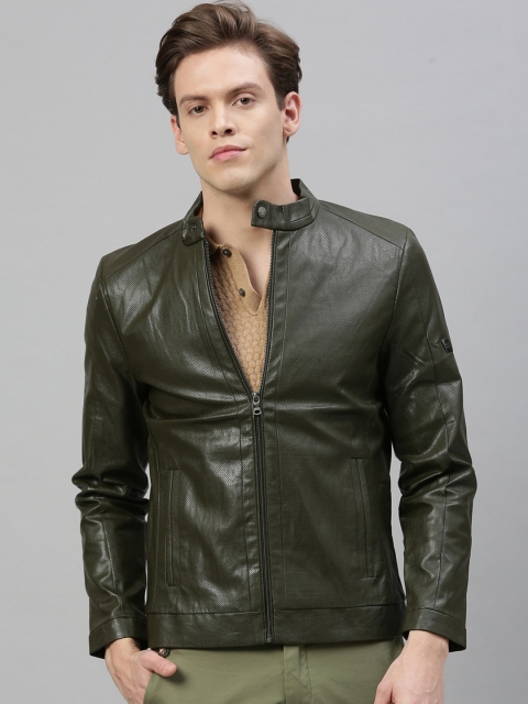 

RARE RABBIT Men Olive Green Solid Insulator Biker Jacket