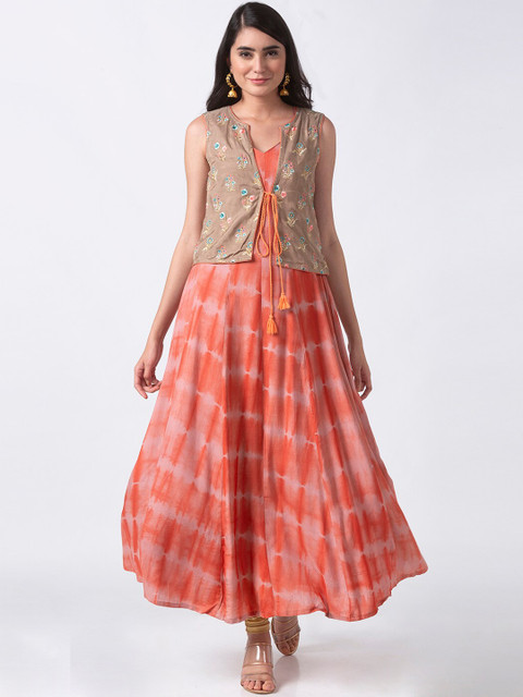 

Ethnicity Women Coral Orange Checked Anarkali Kurta with Jacket