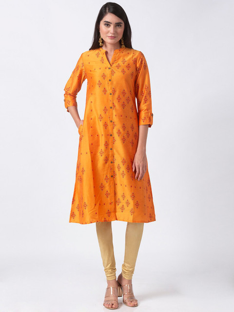 

Ethnicity Women Mustard Yellow Printed A-Line Kurta