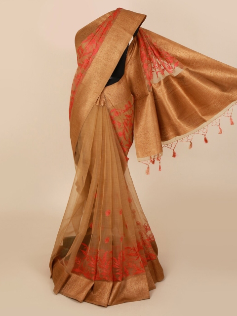 

Pothys Brown & Orange Jute Silk Floral Embroidered Saree