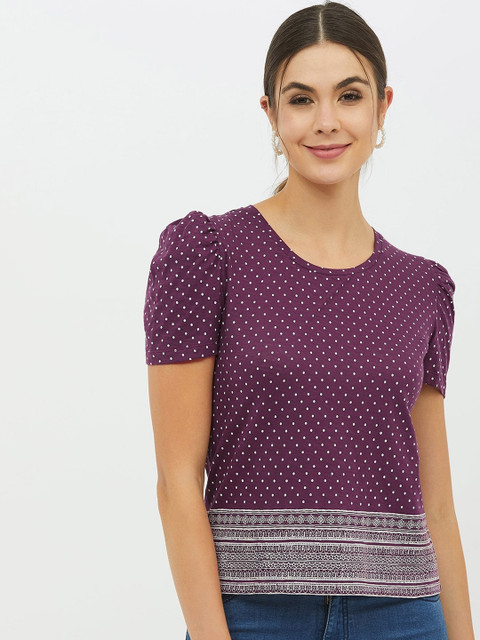

Harpa Women Purple White Printed Round Neck Pure Cotton T-shirt