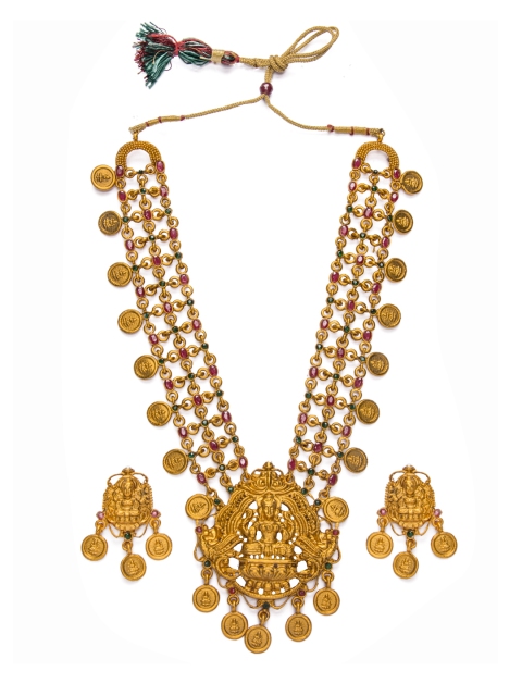 

Alankruthi Gold-Plated Pink & Green Stone Studded Lakshmi & Coin Design Temple Jewellery Set