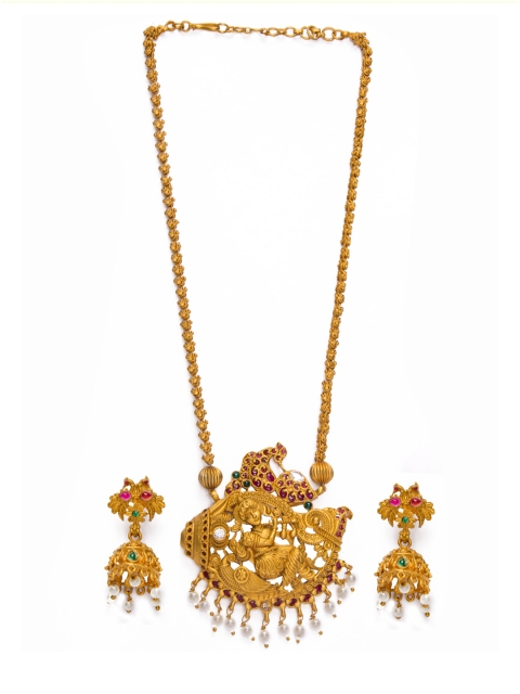 

Alankruthi Gold-Plated Pink & Green Stone Studded Krishna Shaped Pendant Jewellery Set