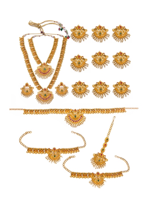 

Alankruthi Gold-Plated Red & Green Stone-Studded Beaded Temple Bridal Jewellery Set