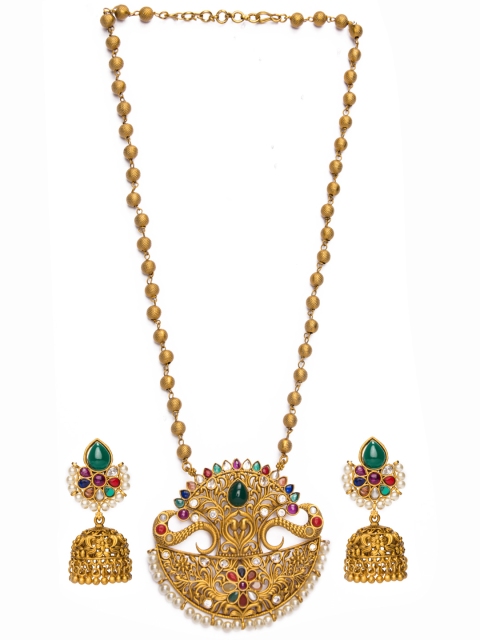 

Alankruthi Gold-Plated Green & White Stone Studded Floral-Shaped Temple Jewellery Set