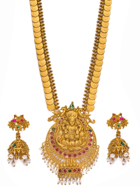 

Alankruthi Gold-Plated Pink & Green Stone Studded Lakshmi Design Kasina Temple Jewellery Set