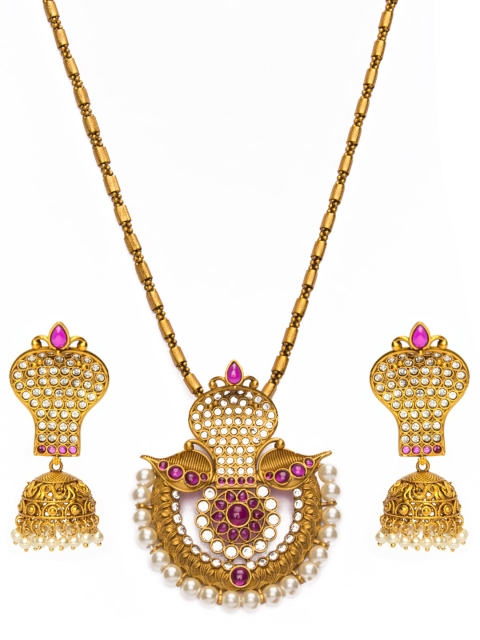 

Alankruthi Gold-Plated Pink & White CZ-Studded Beaded Temple Jewellery Set