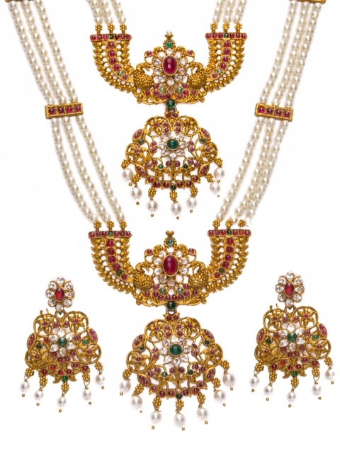 

Alankruthi Gold-Plated White Stone-Studded Temple Jewellery Set