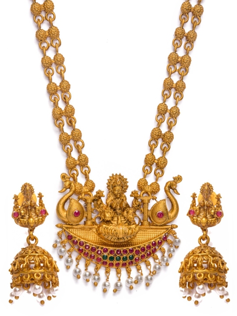 

Alankruthi Women Gold-Plated & Green Stone Studded & Beaded Temple Jewellery Set