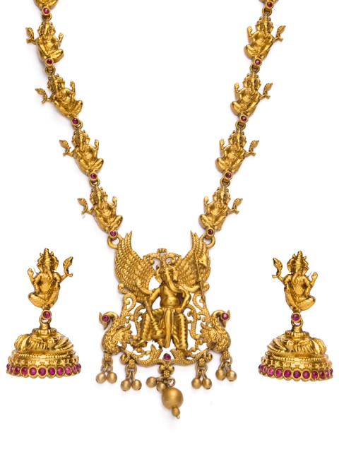 

Alankruthi Gold Plated Pink Stone Studded Temple Jewellery Set