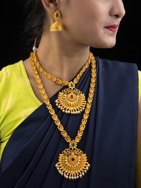 

Alankruthi Gold-Plated Red & Green Stone-Studded Beaded Temple Jewellery Set