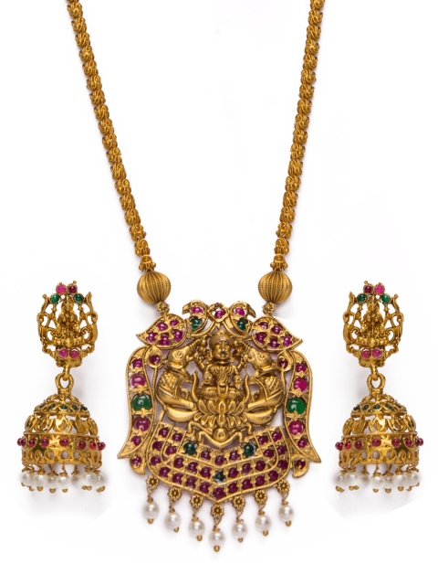 

Alankruthi Gold-Plated Pink & Green Stone Studded & Beaded Temple Jewellery Set