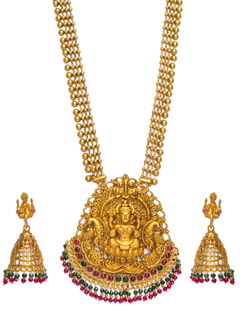

Alankruthi Gold-Plated & Green Beaded Multi-Stranded Lakshmi-Shaped Temple Jewellery Set