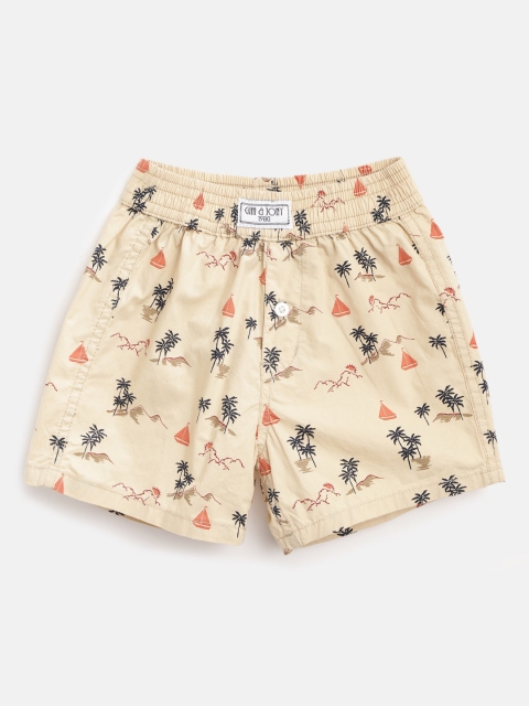 

Gini & Jony Boys Beige & Navy Blue Tropical Print Pure Cotton Boxers