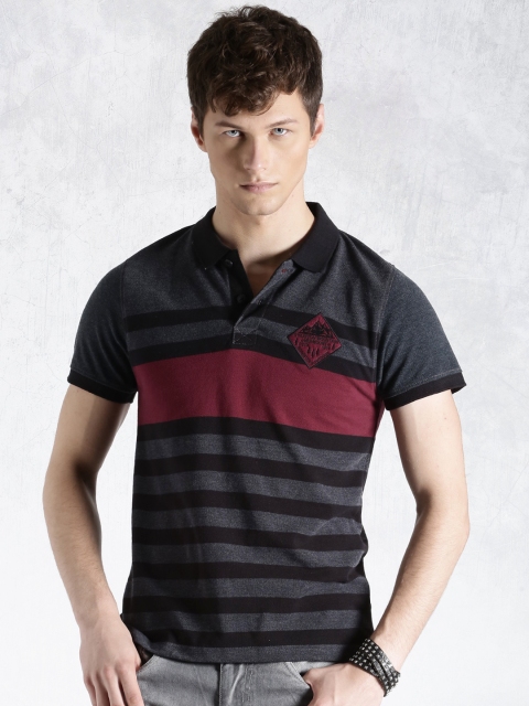 

Roadster Charcoal Grey Melange & Black Striped Polo T-shirt