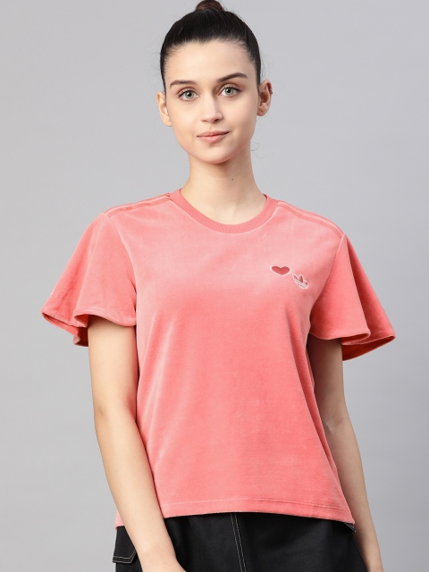 

ADIDAS Originals Women Pink Velvet Finish Flared Sleeves Applique Top