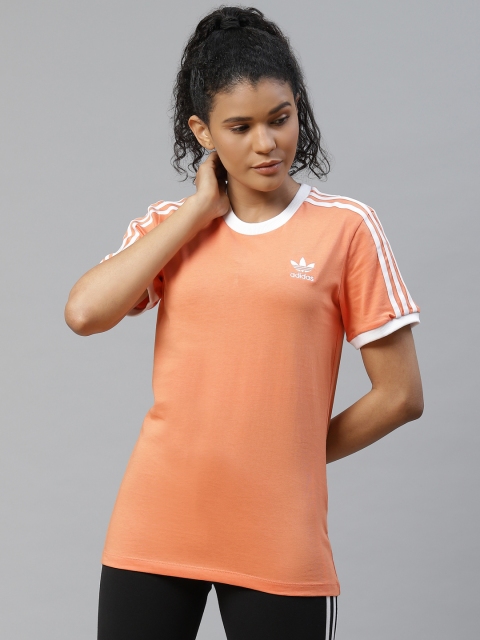 

ADIDAS Originals Women Peach-Coloured 3 Stripes Pure Cotton Solid T-Shirt