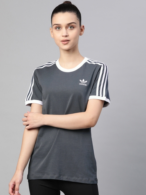 

ADIDAS Originals Women Grey Solid Pure Cotton Brand Logo Detail T-shirt