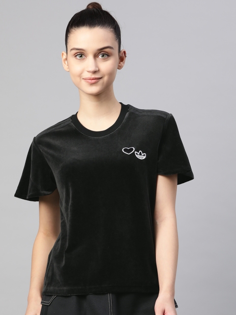 

ADIDAS Originals Women Black Velvet Finish Solid Flared Sleeves Applique Top