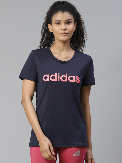

ADIDAS Women Navy Blue Essentials Linear Slim Fit Brand Logo Print Pure Cotton T-shirt