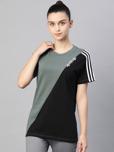 

ADIDAS Originals Women Black Grey Colorblocked Adicolor Sliced Trefoil Regular Pure Cotton T-shirt