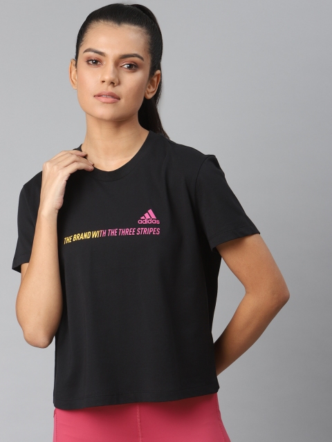 

ADIDAS Women Black & Pink Pure Cotton Printed Round Neck T-shirt