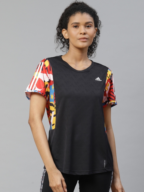 

ADIDAS Women Black & Yellow Print EGLE Running T-shirt