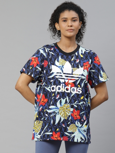 

ADIDAS Originals Women Blue & White Tropical Print Pure Cotton T-Shirt