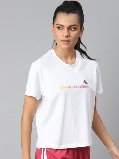 

ADIDAS Women White & Pink Pure Cotton Printed Round Neck T-shirt