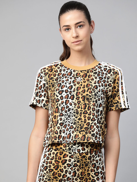 

ADIDAS Originals Women Brown & White Animal Print Cropped T-shirt