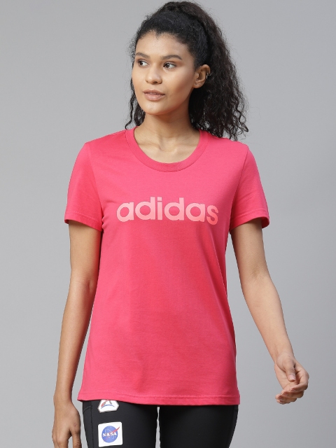 

ADIDAS Women Pink Essentials Linear Slim Fit Brand Logo Print Pure Cotton T-shirt