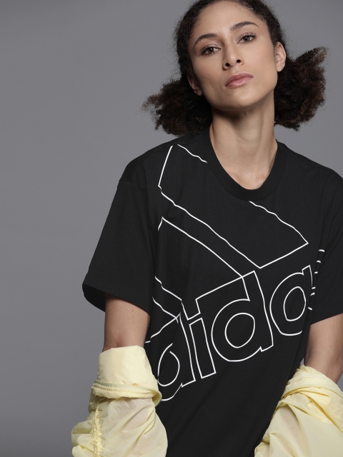 

ADIDAS Women Black & White Cotton Brand Logo Printed Drop-Shoulder Sleeves T-shirt