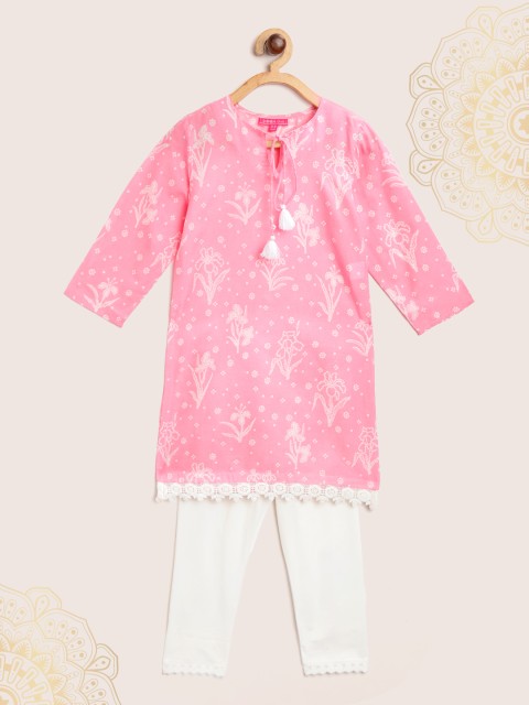 

Biba Girls Pink & White Bandhani Print Kurta with Churidar