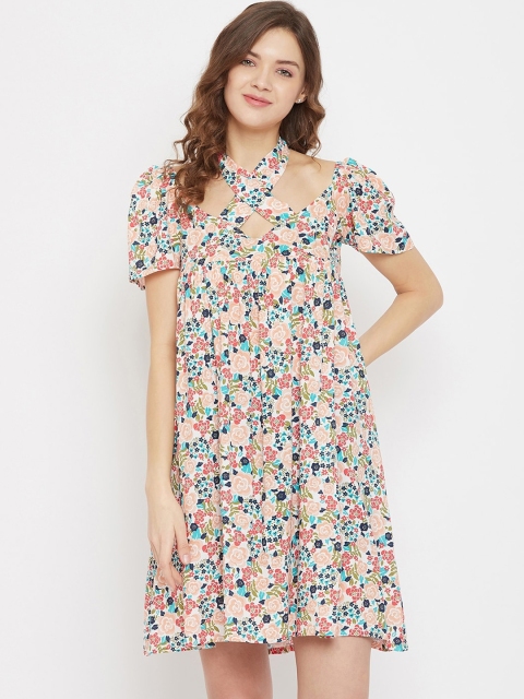 

The Kaftan Company Women Off White& Pink Printed Cover-Up Dress