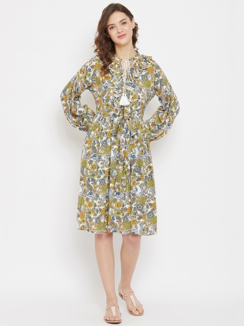 

The Kaftan Company Women Off White & Yellow Printed Kaftan Cover-Up Dress
