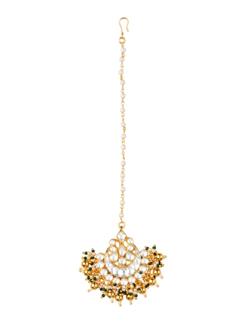 

MORKANTH JEWELLERY 24K Gold-Plated White & Green Pacchi Kundan Studded Handcrafted Maang Tikka