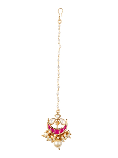 

MORKANTH JEWELLERY 24K Gold-Plated Pink & White Kundan-Studded Pearl Embellished Handcrafted Maang Tikka