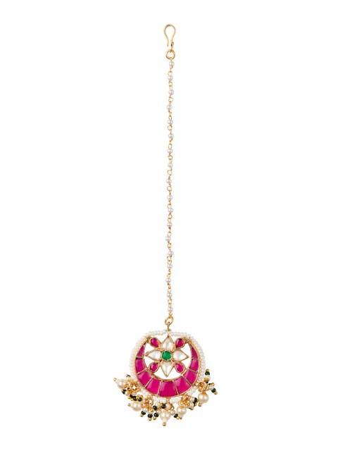 

MORKANTH JEWELLERY 24K Gold-Plated Pink & White Kundan-Studded Pearl Embellished Handcrafted Maang Tikka