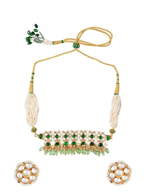 

MORKANTH JEWELLERY Gold Plated Green & White Handcrafted Necklace with Earrings